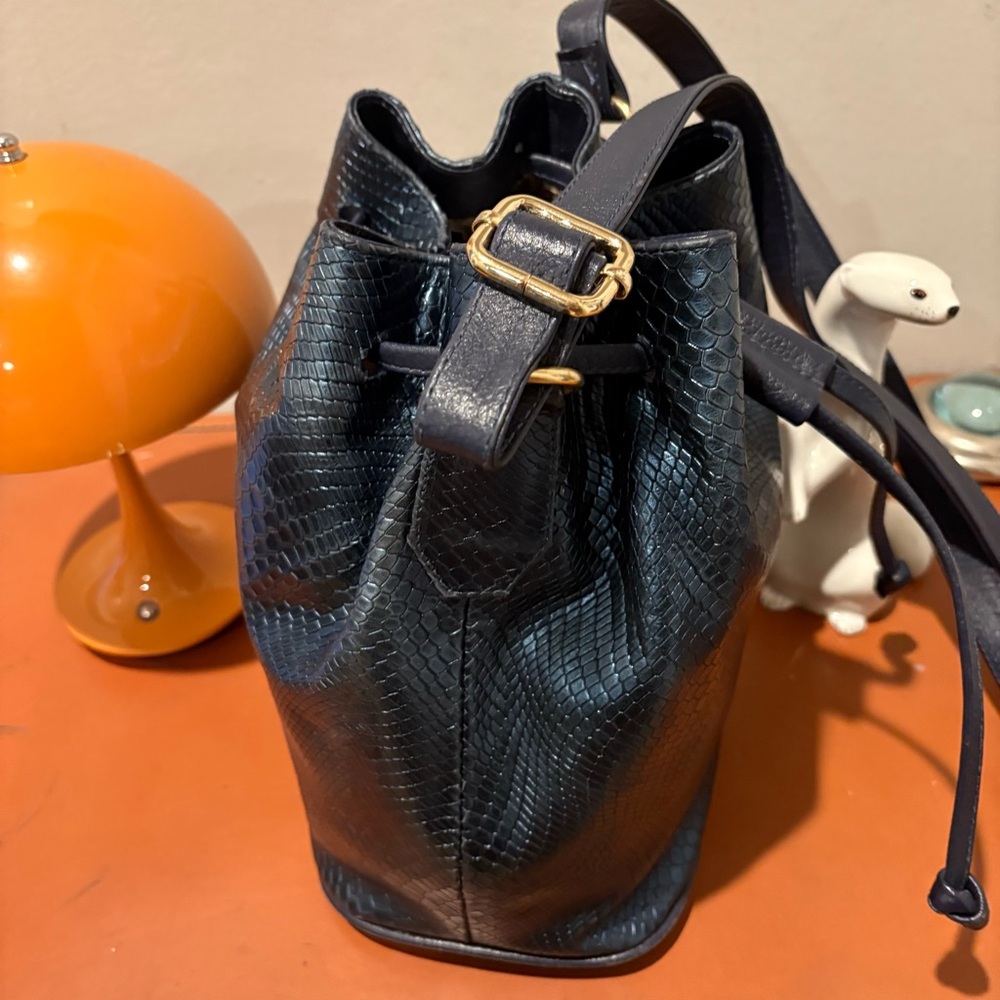 Retro Python Snake Croc Embossed Blue Metallic Bucket Bag Designer Style - Picture 3 of 9